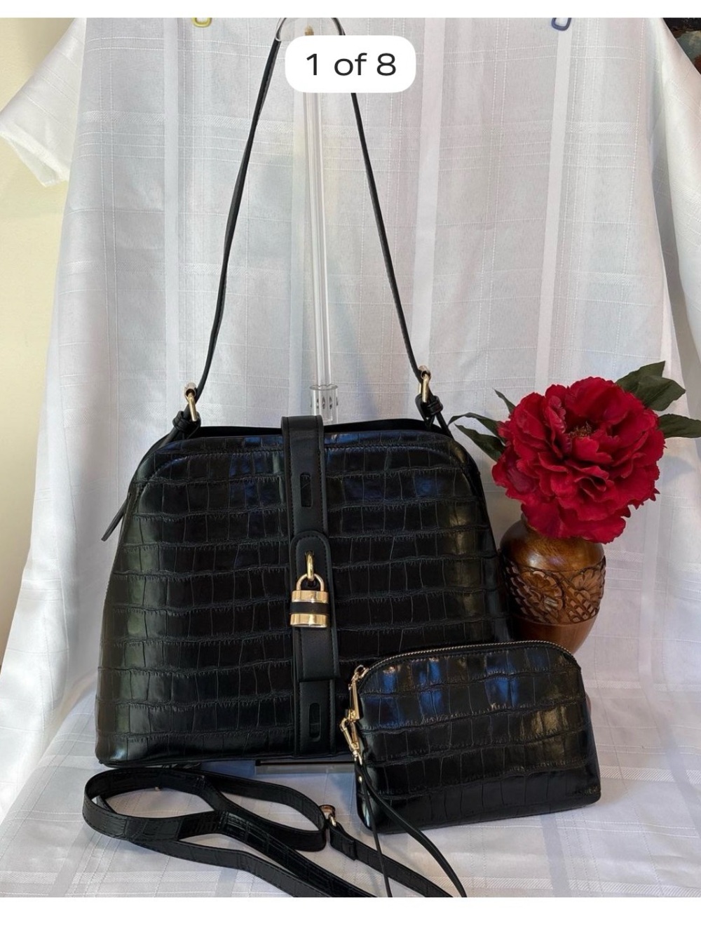 Black Croc-Embossed Women’s Shoulder Bag with Matching Pouch